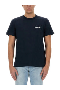 Woolrich men’s navy blue crew neck wool t-shirt with white embroidered logo on left chest