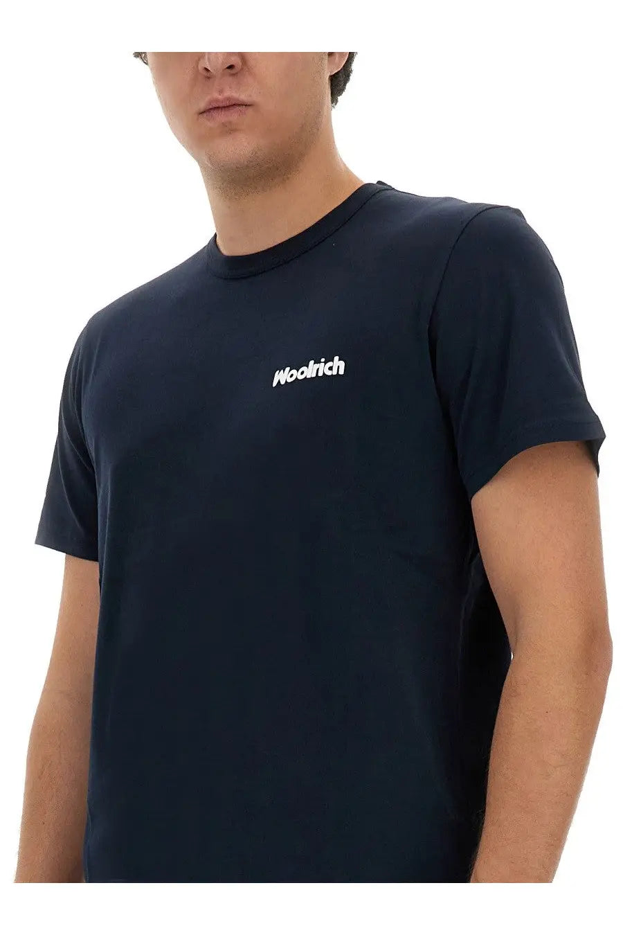 Navy blue Woolrich men’s short-sleeved wool t-shirt with white logo on chest ideal for casual wear
