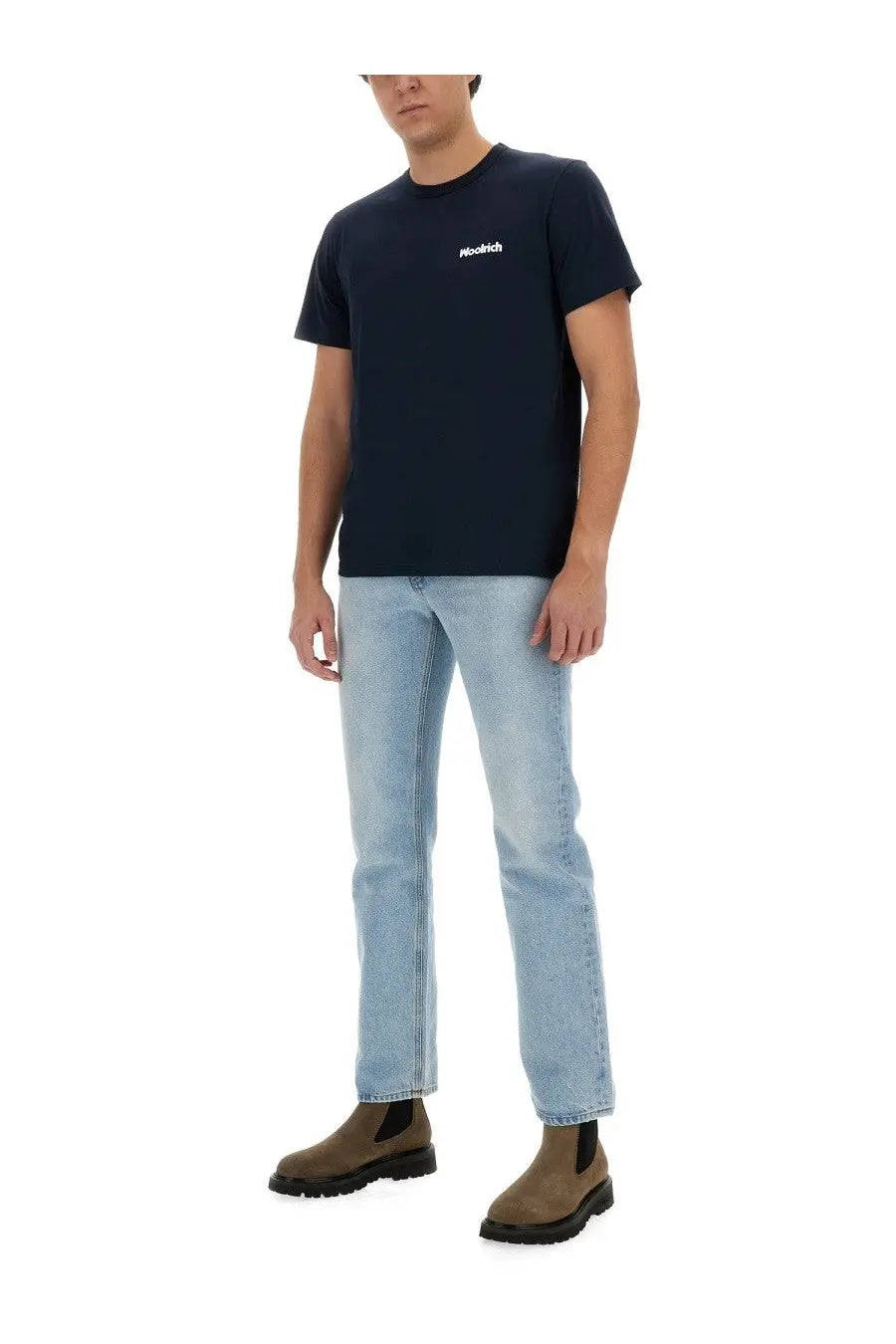 Woolrich men’s navy blue short-sleeved t-shirt with white Mudrich logo on left chest for casual wear