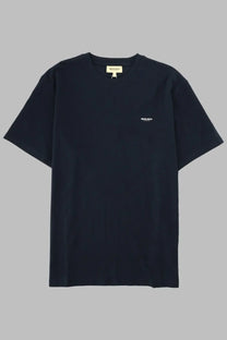 Navy blue woolrich men shirt con short-sleeved crew neck t-shirt with subtle white wool and beach branding on chest