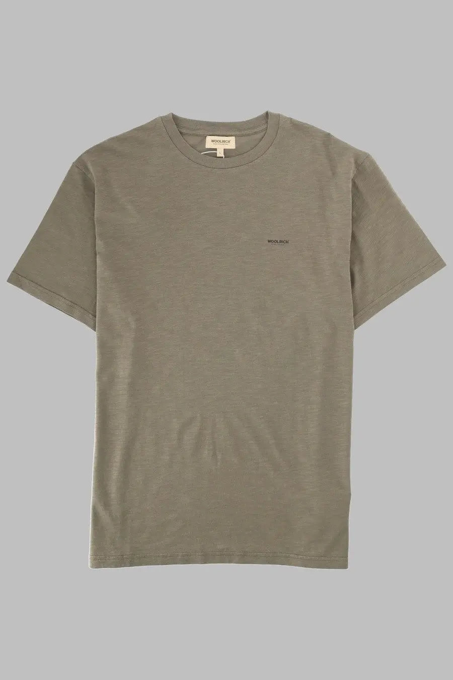 Woolrich men’s olive green cotton t-shirt with a soft fabric and minimalist embroidered logo on the left chest