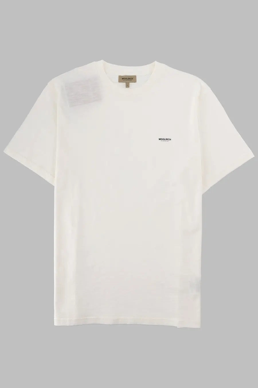 Woolrich men’s off-white short-sleeve t-shirt made of wool with subtle branding and textured shoulder patch