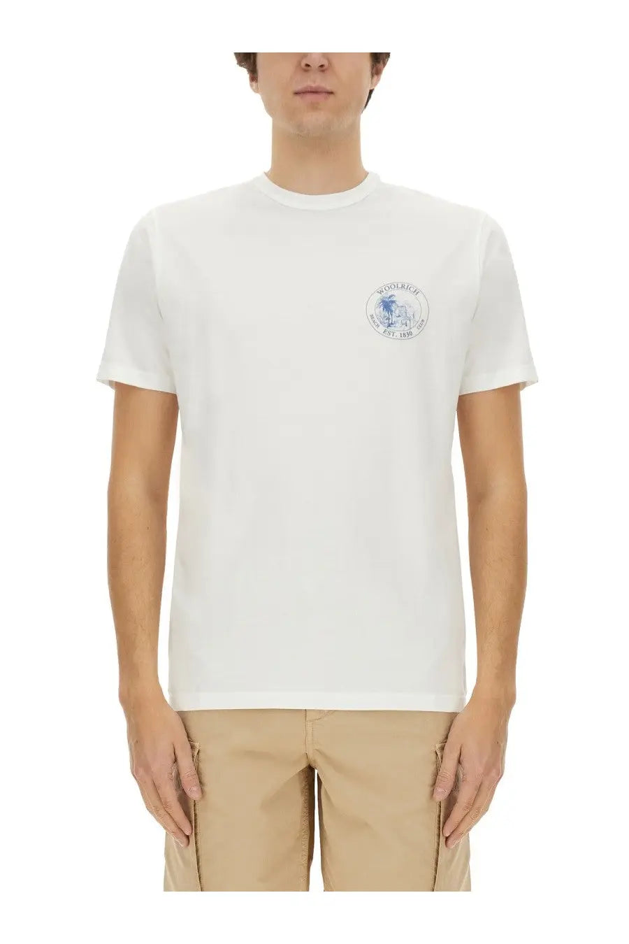 Woolrich men’s white cotton t-shirt with a small blue circular logo on the left chest