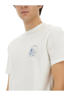 Woolrich men’s white cotton t-shirt with a blue circular carch club logo and est design on the front