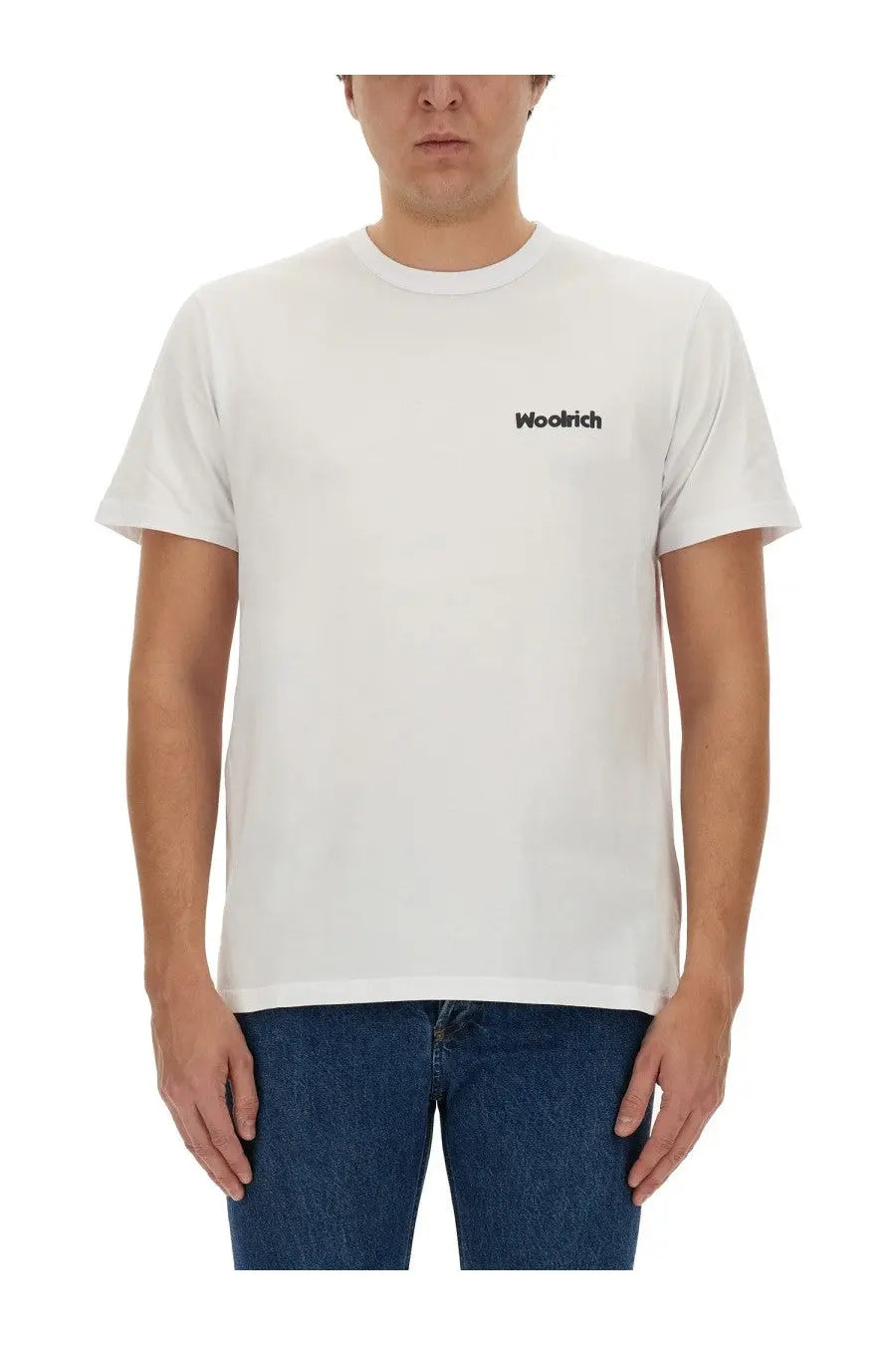 Woolrich men’s white crewneck t-shirt made of wool with black embroidered logo on the left chest