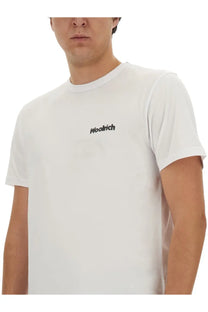 Woolrich men’s white t-shirt made of soft wool featuring a black embroidered logo on the chest