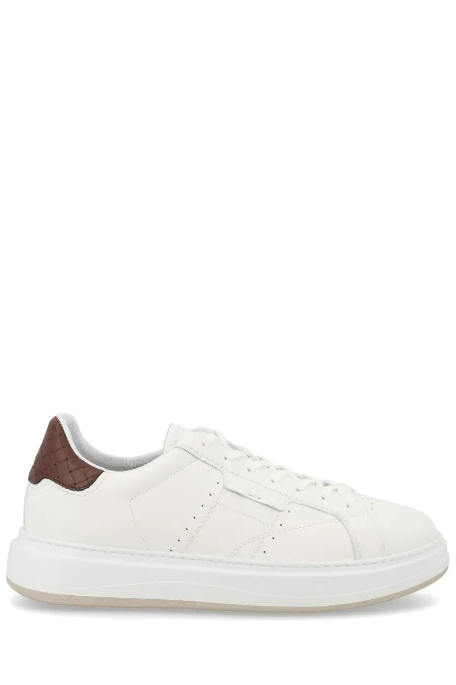 Woolrich men’s sneaker arrow white low-top with white leather, brown perforated heel tab, and chunky rubber sole