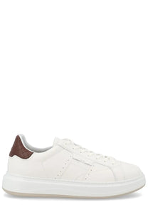 Woolrich men’s sneaker arrow white low-top with white leather, brown perforated heel tab, and chunky rubber sole