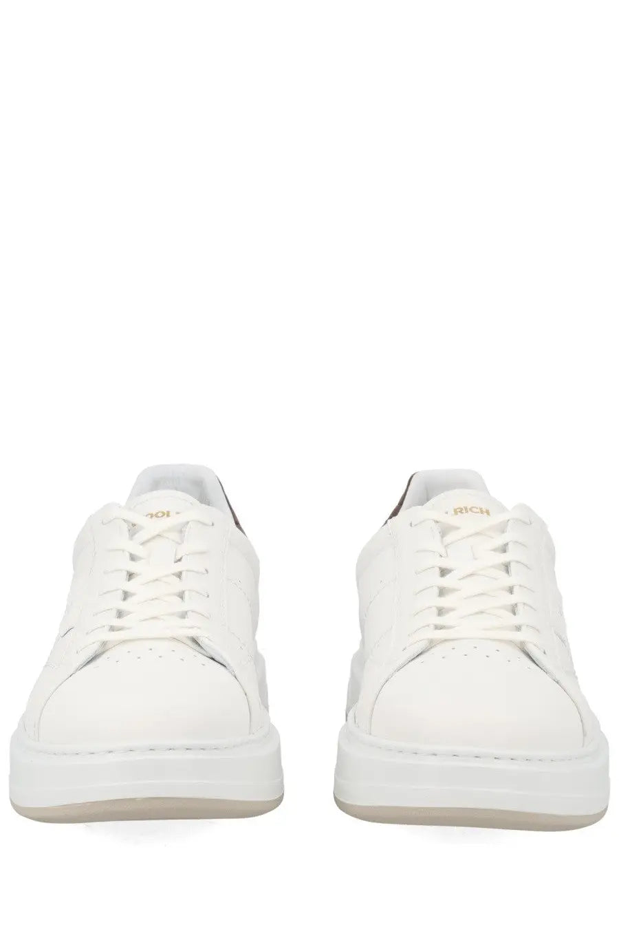 Woolrich men’s arrow white sneakers in white leather with gold branding on the tongue and chunky white sole