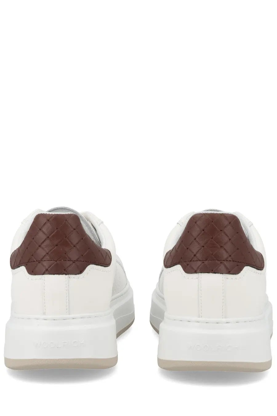 Woolrich men’s sneaker arrow white with white leather and brown woven leather accents on the heel back side view