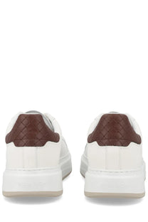 Woolrich men’s sneaker arrow white with white leather and brown woven leather accents on the heel back side view