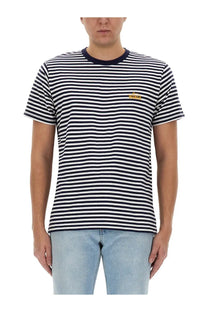 Woolrich men’s striped shirt blue black and white short sleeve cotton t-shirt with navy crew neck and gold logo