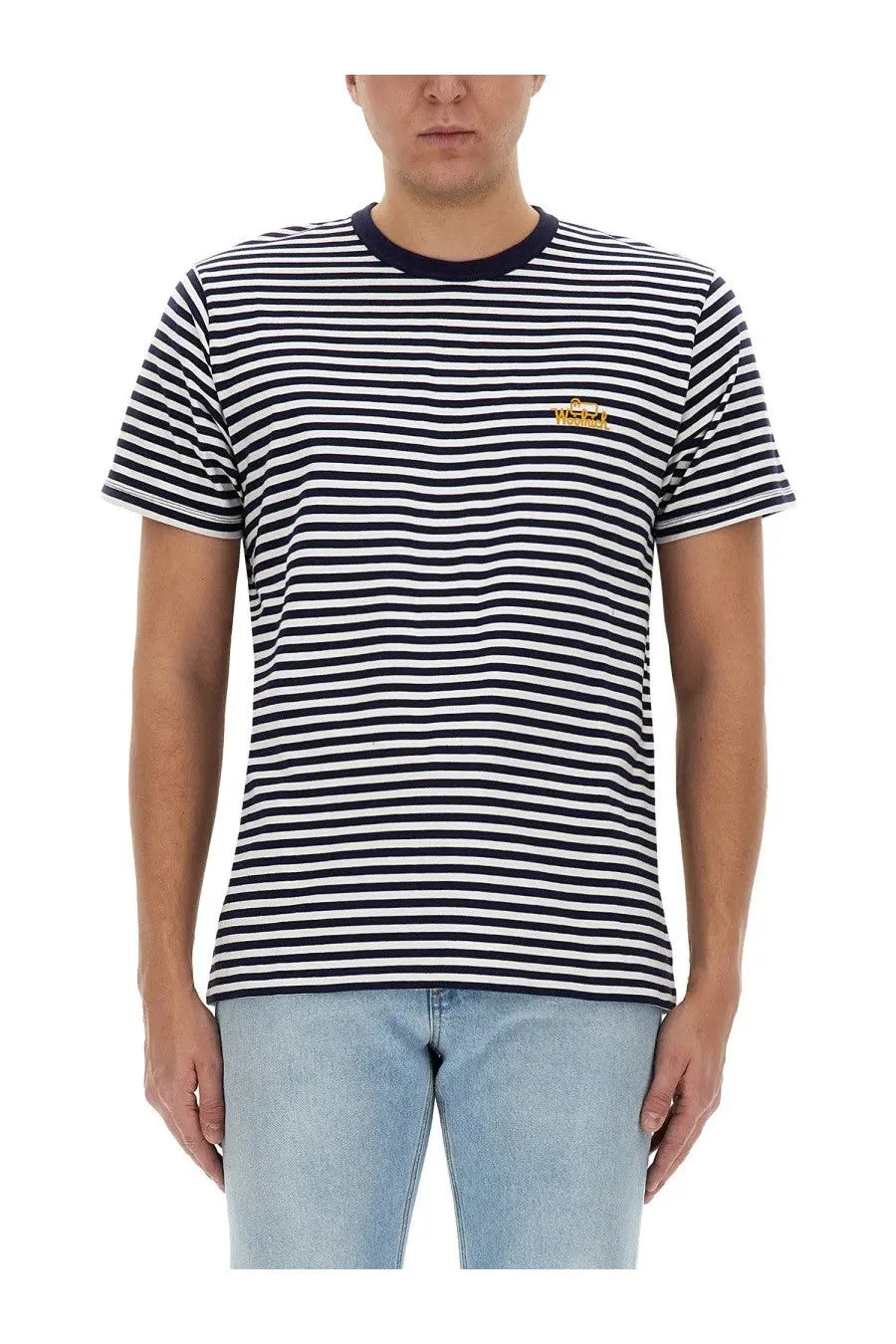 Woolrich men’s striped shirt blue featuring black and white stripes with navy ribbed crew neck and gold embroidered logo