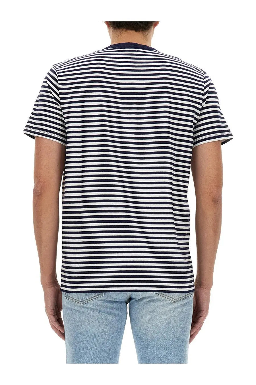 Woolrich men’s navy and white striped short-sleeved t-shirt with classic crew neck and cotton material