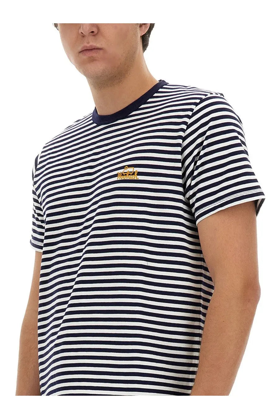 Woolrich men’s short-sleeve striped shirt in navy and white with gold embroidered logo on chest