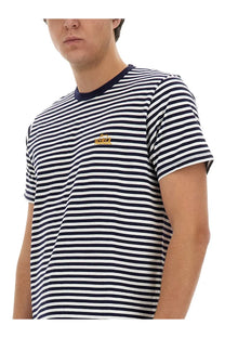 Woolrich men’s striped shirt blue short-sleeve cotton t-shirt with navy white horizontal stripes and gold embroidered logo