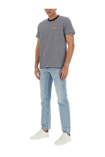 Woolrich men’s blue navy and white striped short-sleeved shirt with small gold embroidered logo on chest