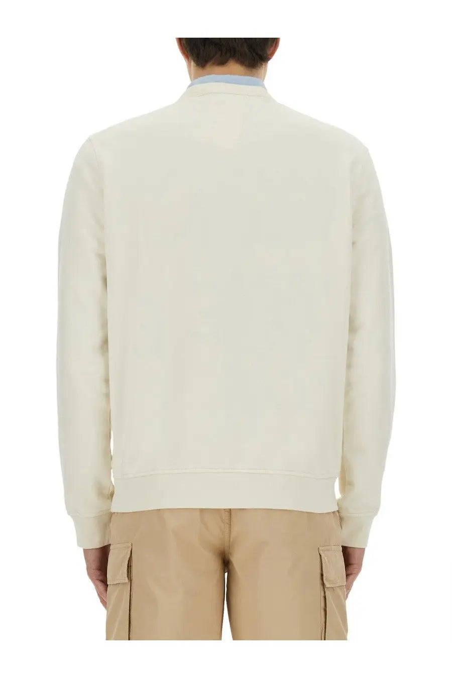 Woolrich men’s cream-colored wool sweatshirt with long sleeves ribbed collar and cuffs