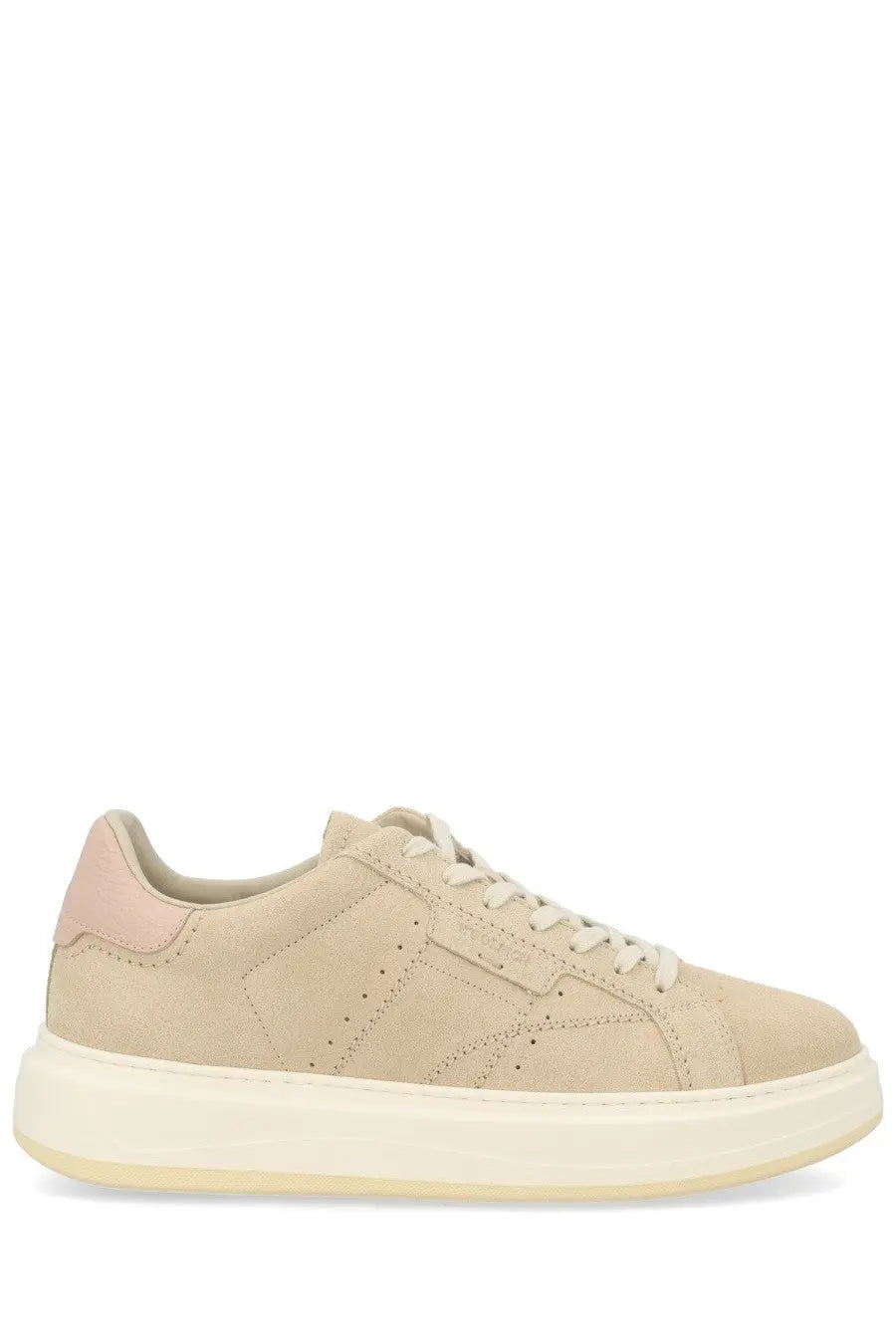 Beige suede low-top Woolrich women’s sneaker with pale pink heel tab and cream platform sole