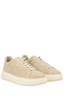 Woolrich women’s sneaker in pelle beige with beige suede low-top design white laces and thick off-white rubber sole