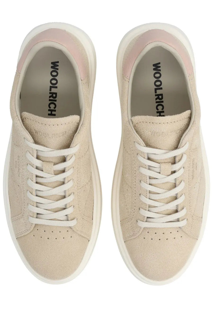 Woolrich women’s sneaker in beige suede with white laces and thick white rubber sole