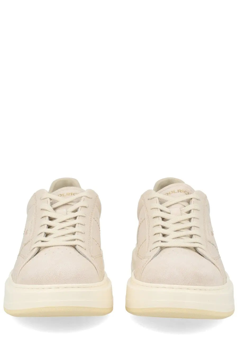 Woolrich women’s sneaker in pelle pink cream-colored suede with chunky white rubber sole and subtle gold branding on tongue