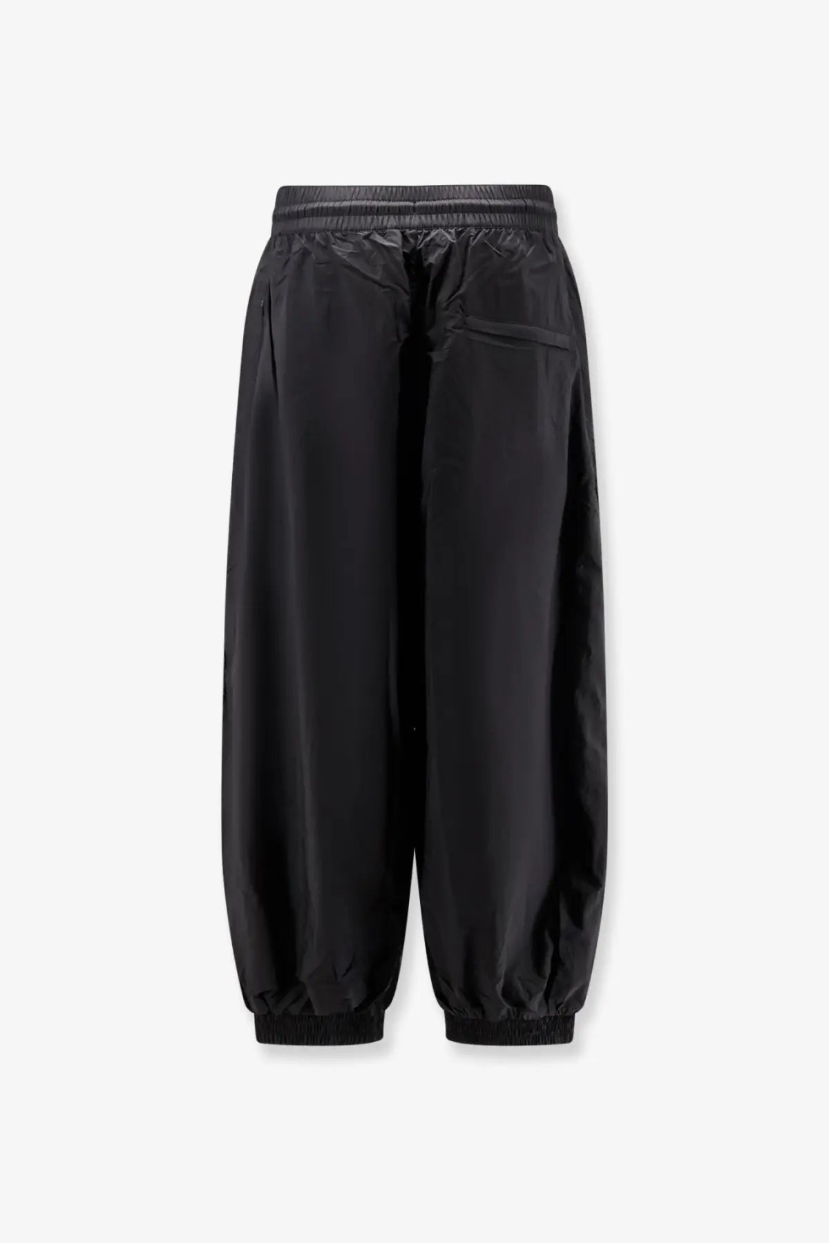 Y3 men’s baggy nylon trousers black with sleek minimalist design and smooth lightweight fabric