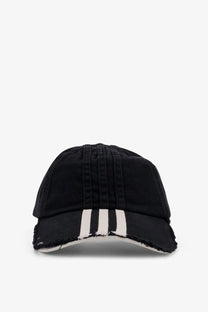 Y-3 men’s black cotton baseball cap with three white stripes on the front and a frayed denim brim