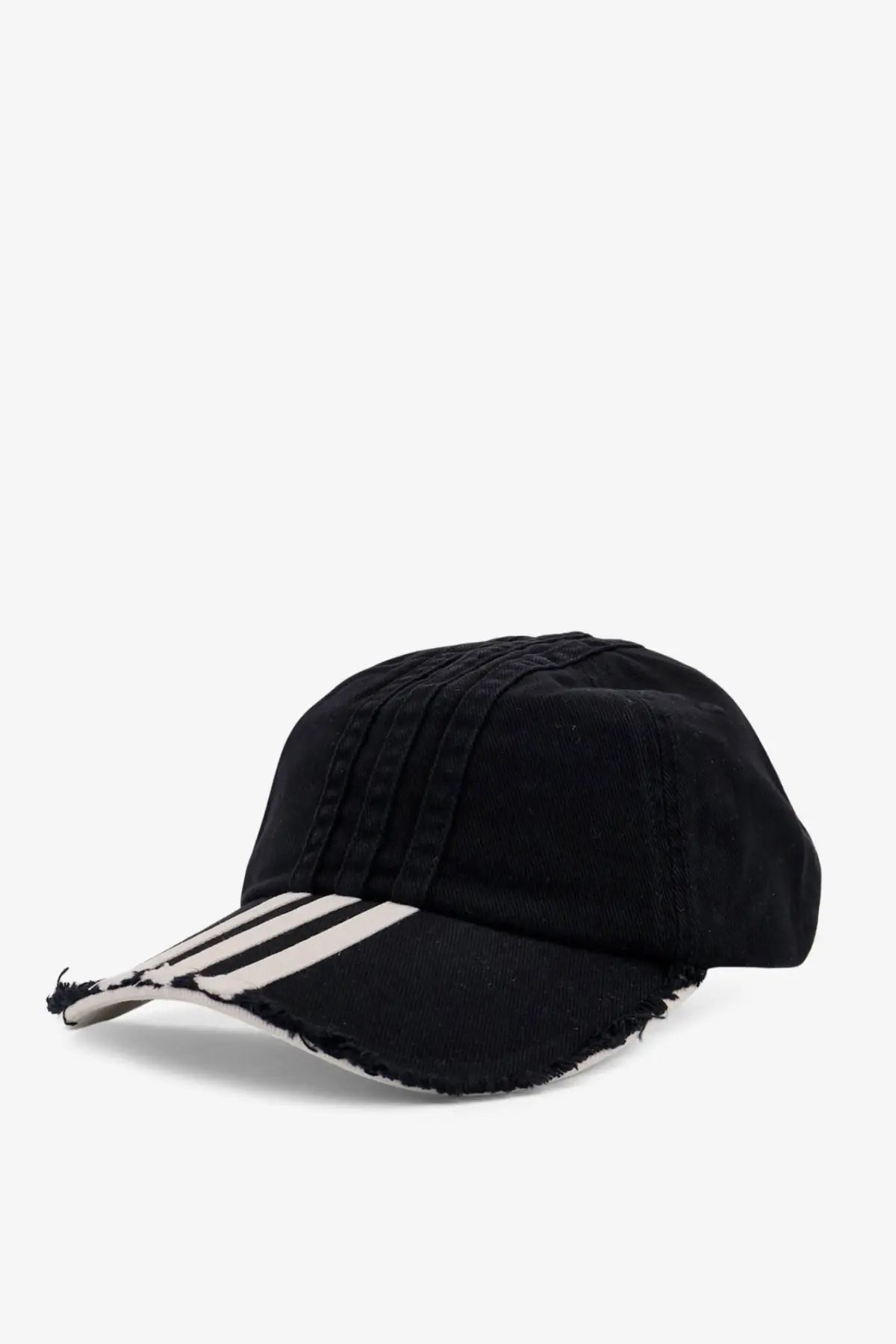 Y-3 men’s cotton baseball cap black with frayed edges and three white stripes on the brim