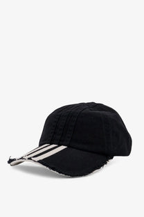 Y-3 men’s cotton baseball cap black with frayed edges and three white stripes on the brim