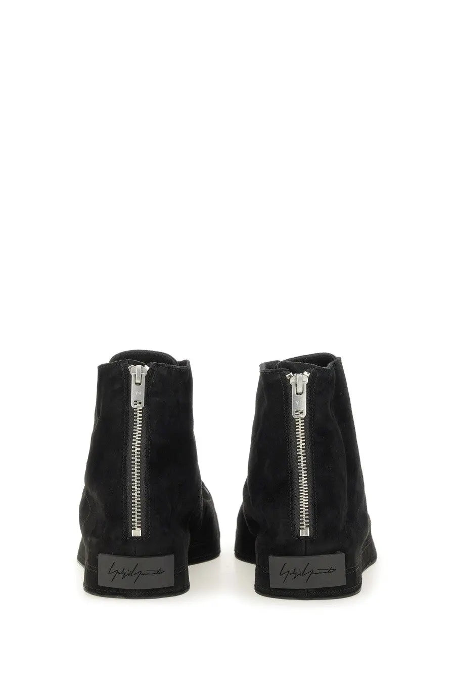 Black suede y-3 men’s nizzastar hi sneaker ankle boots with silver zippers and branded label on the heel back side