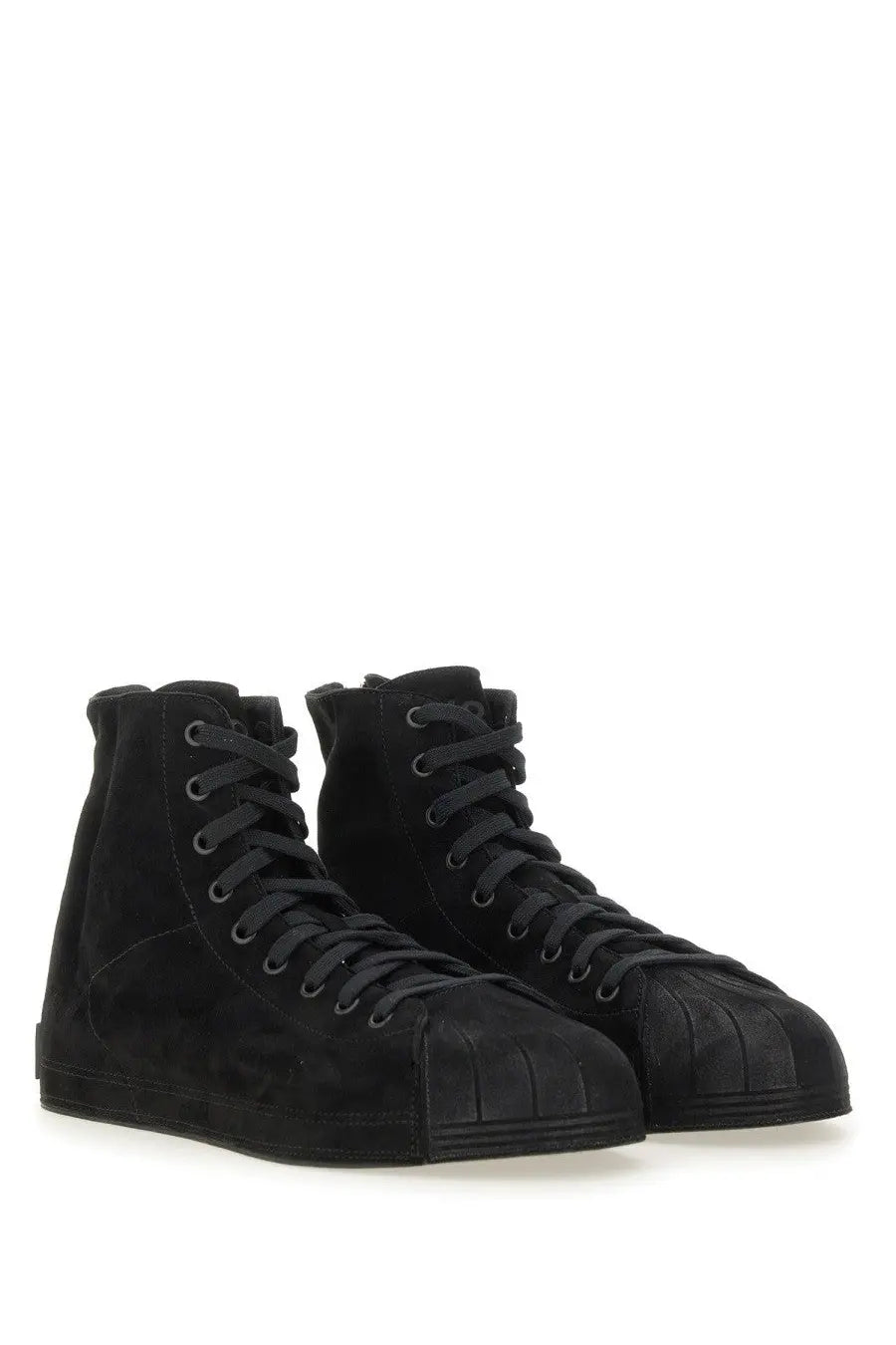 Y-3 men’s Nizzastar HI sneaker in black suede with high-top minimalist design and matching laces