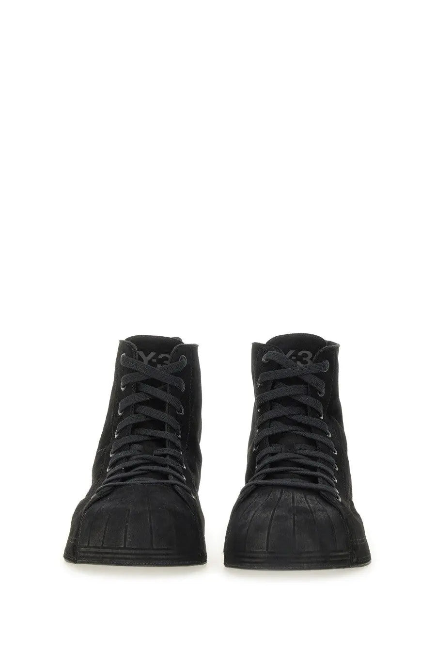 Y-3 men’s nizzastar hi sneaker black featuring black suede high-top design with textured rubber sole and subtle branding on tongue