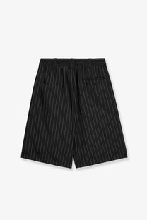Y-3 men’s black pinstriped fabric bermuda shorts with a relaxed fit and elastic waistband for casual wear