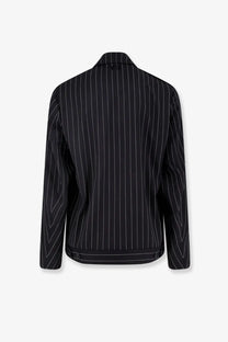 Y-3 men’s black pinstripe blazer with white vertical stripes and structured collar made from recycled polyester