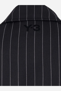 Back view of y-3 men’s recycled polyester black pinstripe blazer with white stripes and y-3 logo on collar