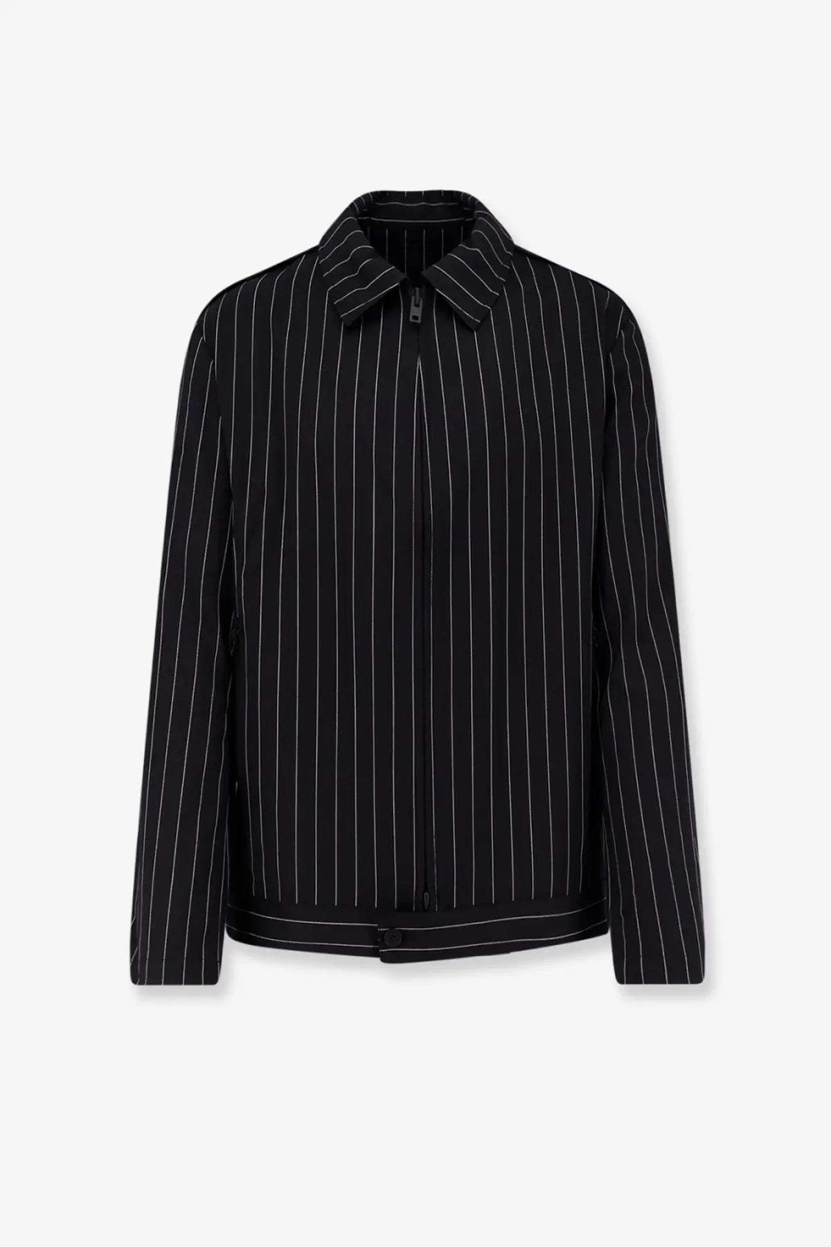 Y-3 men’s black pinstripe jacket with white vertical stripes front zipper made from recycled polyester