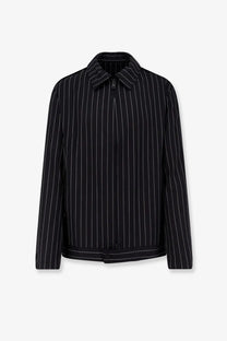 Y-3 men’s black pinstripe jacket with white vertical stripes front zipper made from recycled polyester