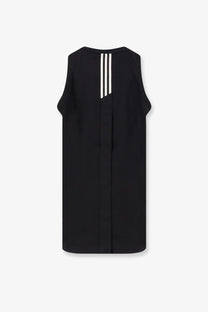 Back view of y-3 men’s black sleeveless recycled polyester dress with three white vertical stripes down the back