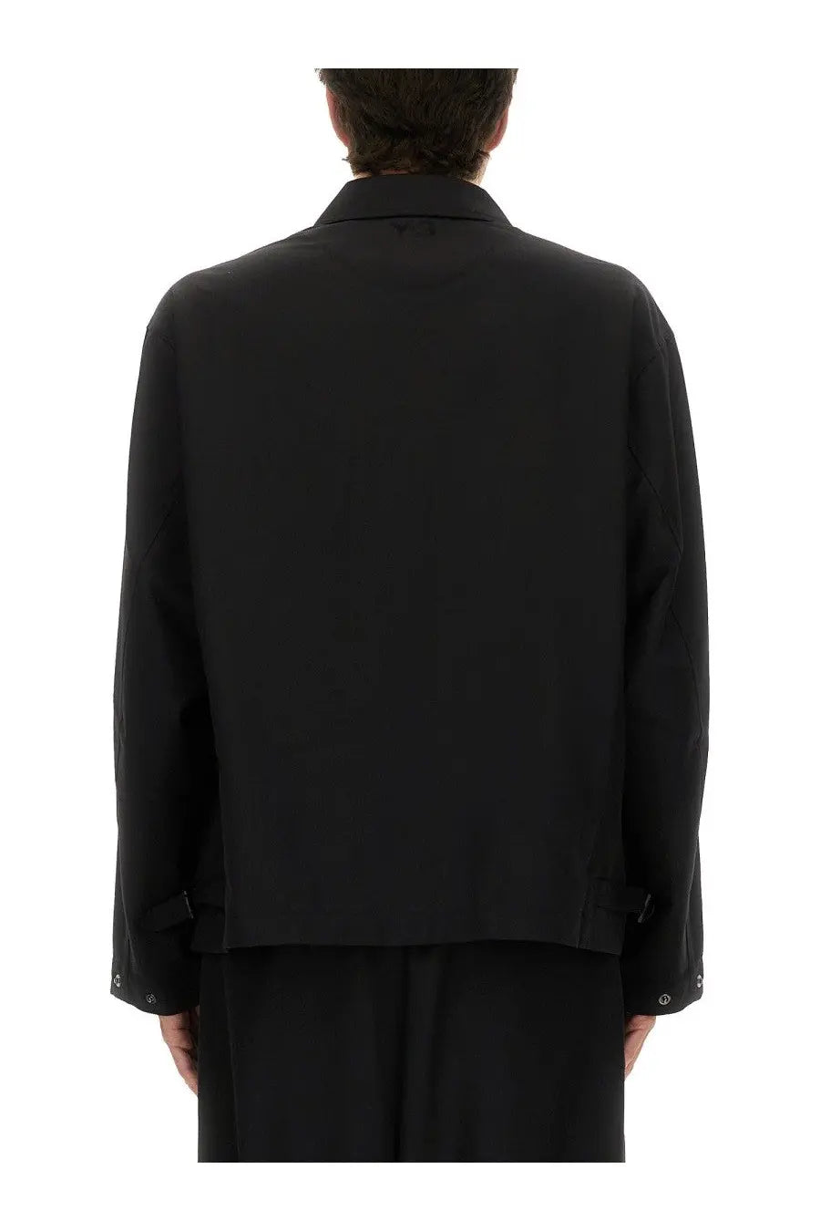 Y-3 men’s refined wool jacket black minimalist design with clean lines and subtle button details on cuffs