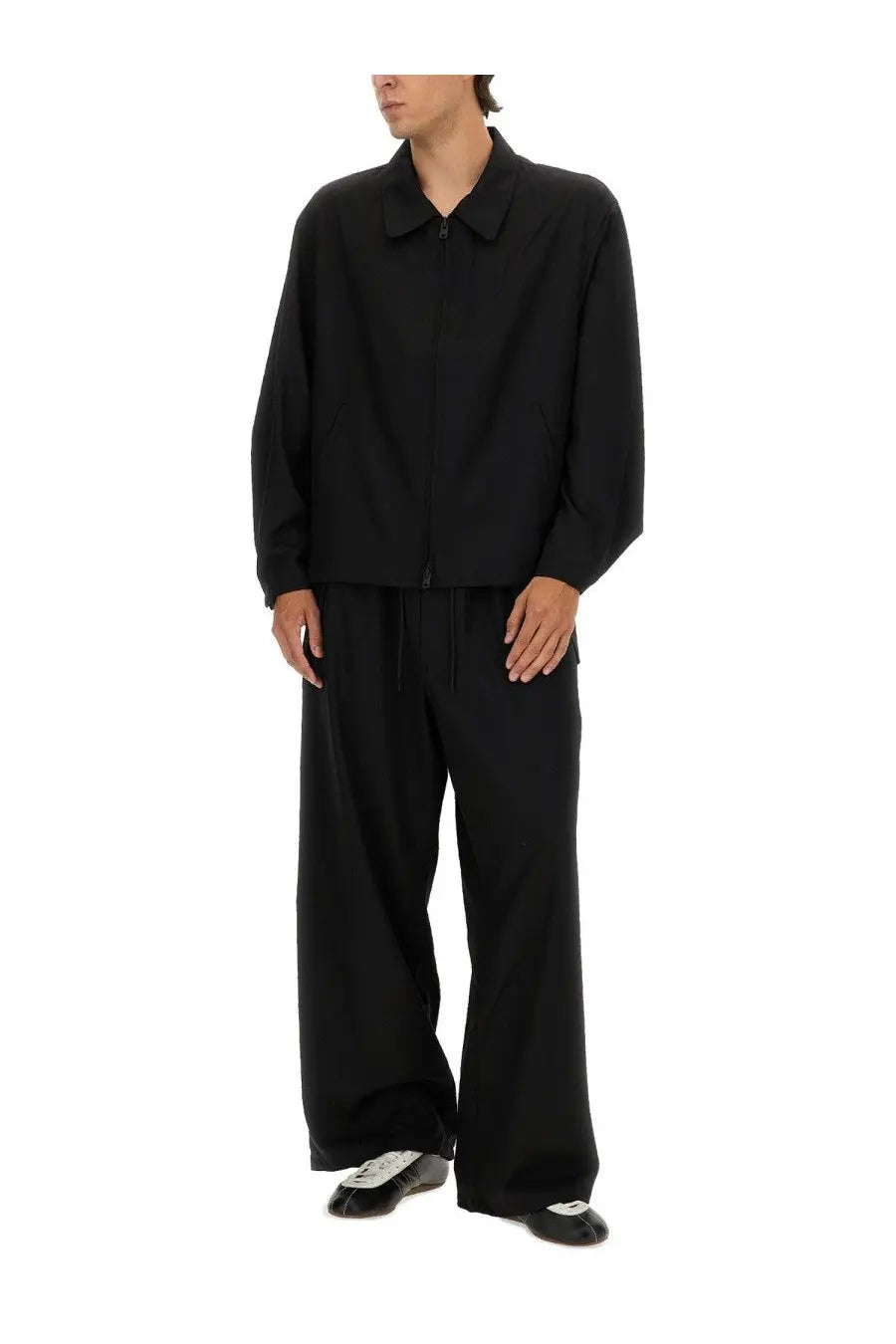 Black oversized button-up shirt with collar and front zipper from y-3 men’s refined wool jacket collection