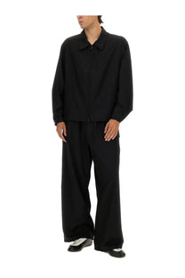 Black oversized button-up shirt with collar and front zipper from y-3 men’s refined wool jacket collection