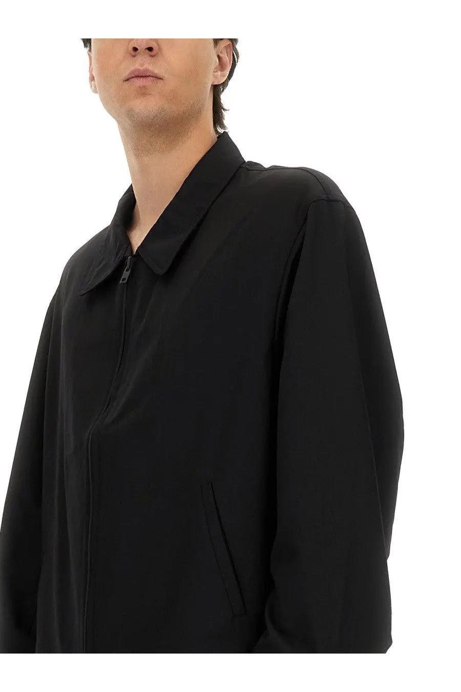 Y-3 men’s refined wool jacket black with collar, front zipper, long sleeves, and sleek design