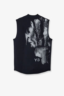 Black y-3 men’s run vest sweatshirt with bold white abstract graphic print on the back in sleeveless design