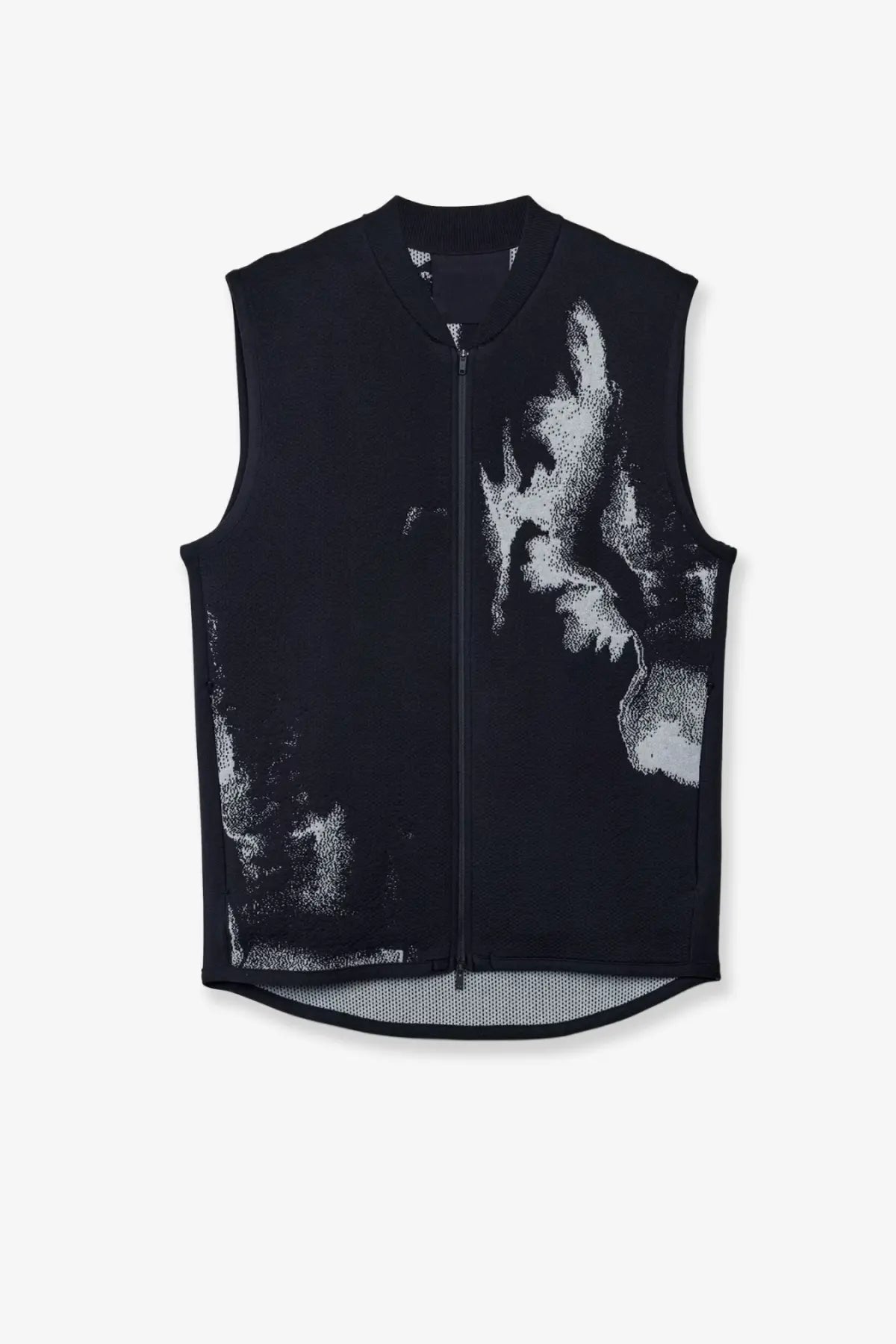 Y-3 men’s run vest sweatshirt black sleeveless zip-front with bold abstract grayscale graphic print