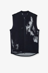 Y-3 men’s run vest sweatshirt black sleeveless zip-front with bold abstract grayscale graphic print