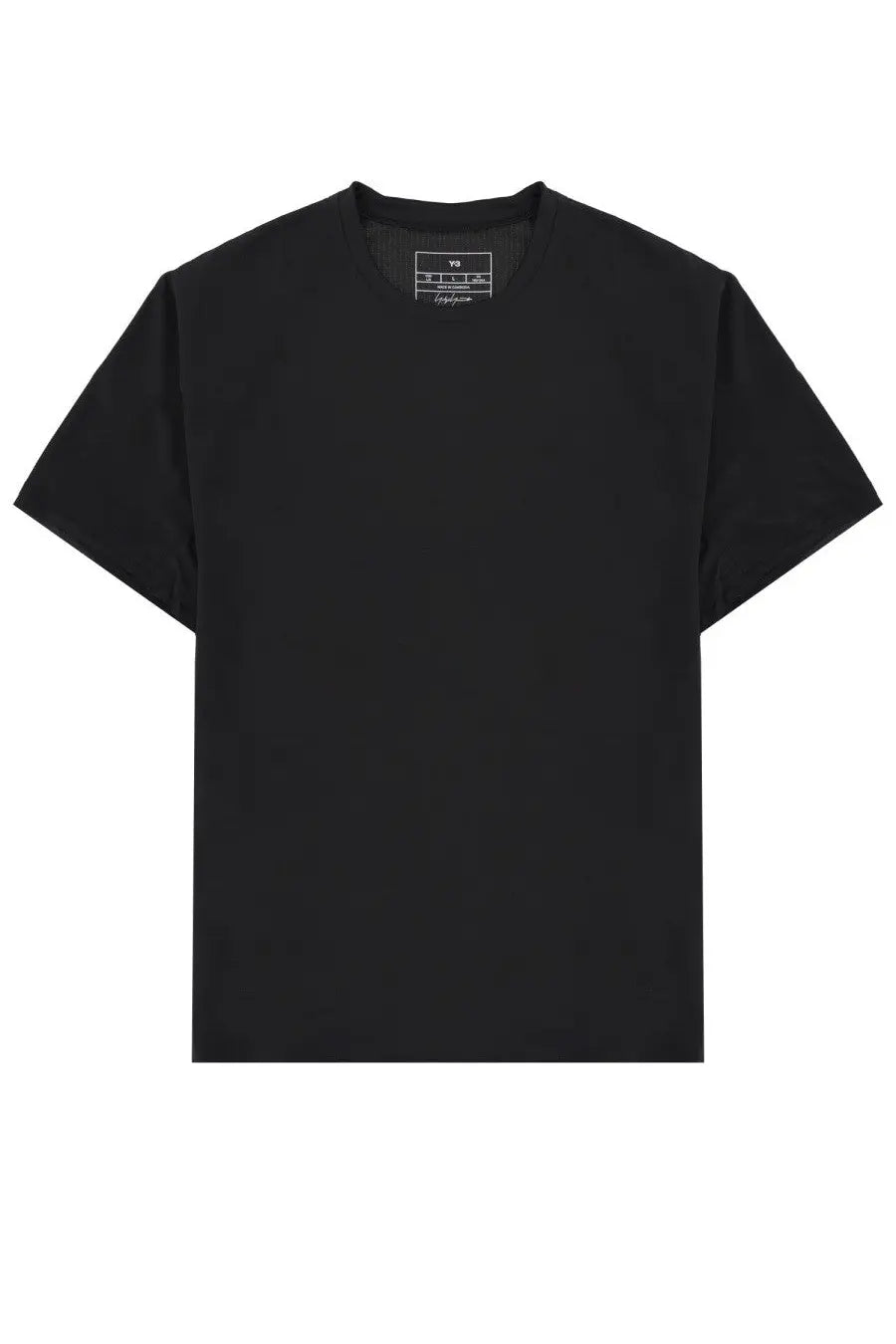 Black y-3 crew neck t-shirt with minimalist branding at the neckline in a men’s shirt con patch black design