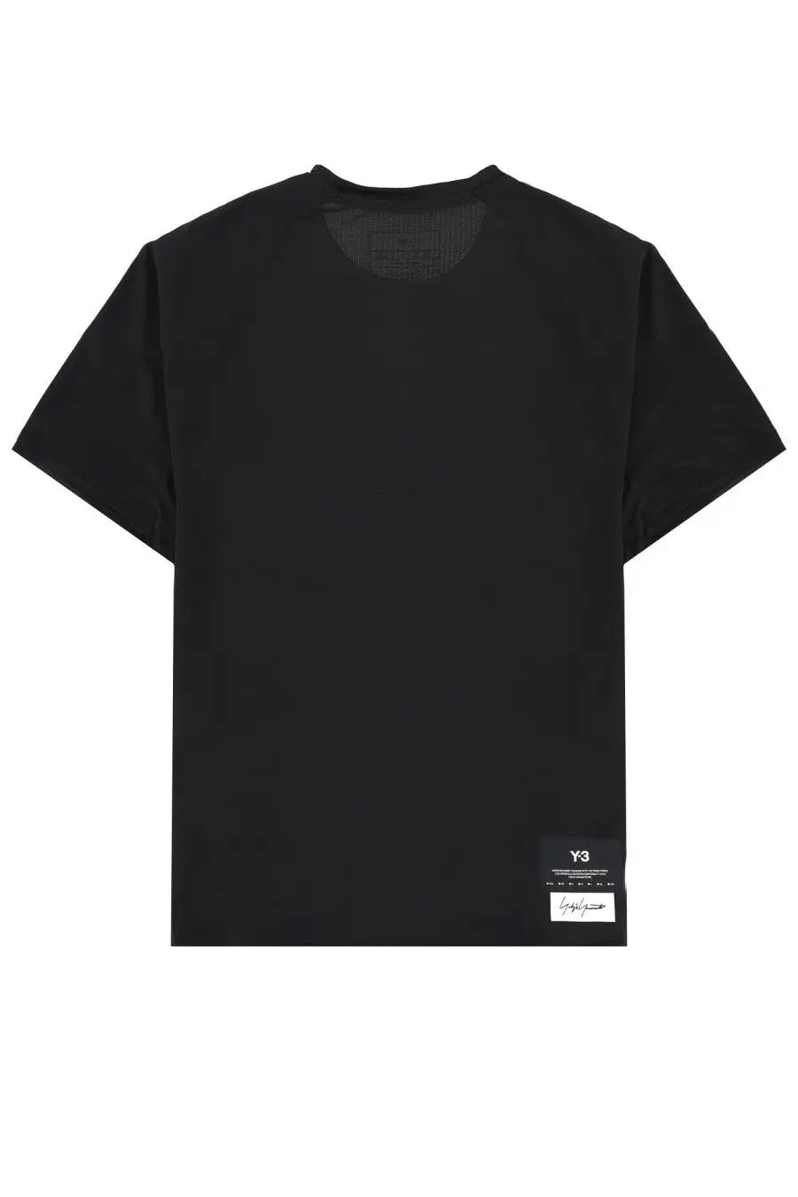 Black y-3 men’s t-shirt with minimalist design and subtle mesh detail at neckline in con patch style