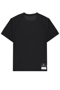 Black y-3 men’s t-shirt with minimalist design and subtle mesh detail at neckline in con patch style