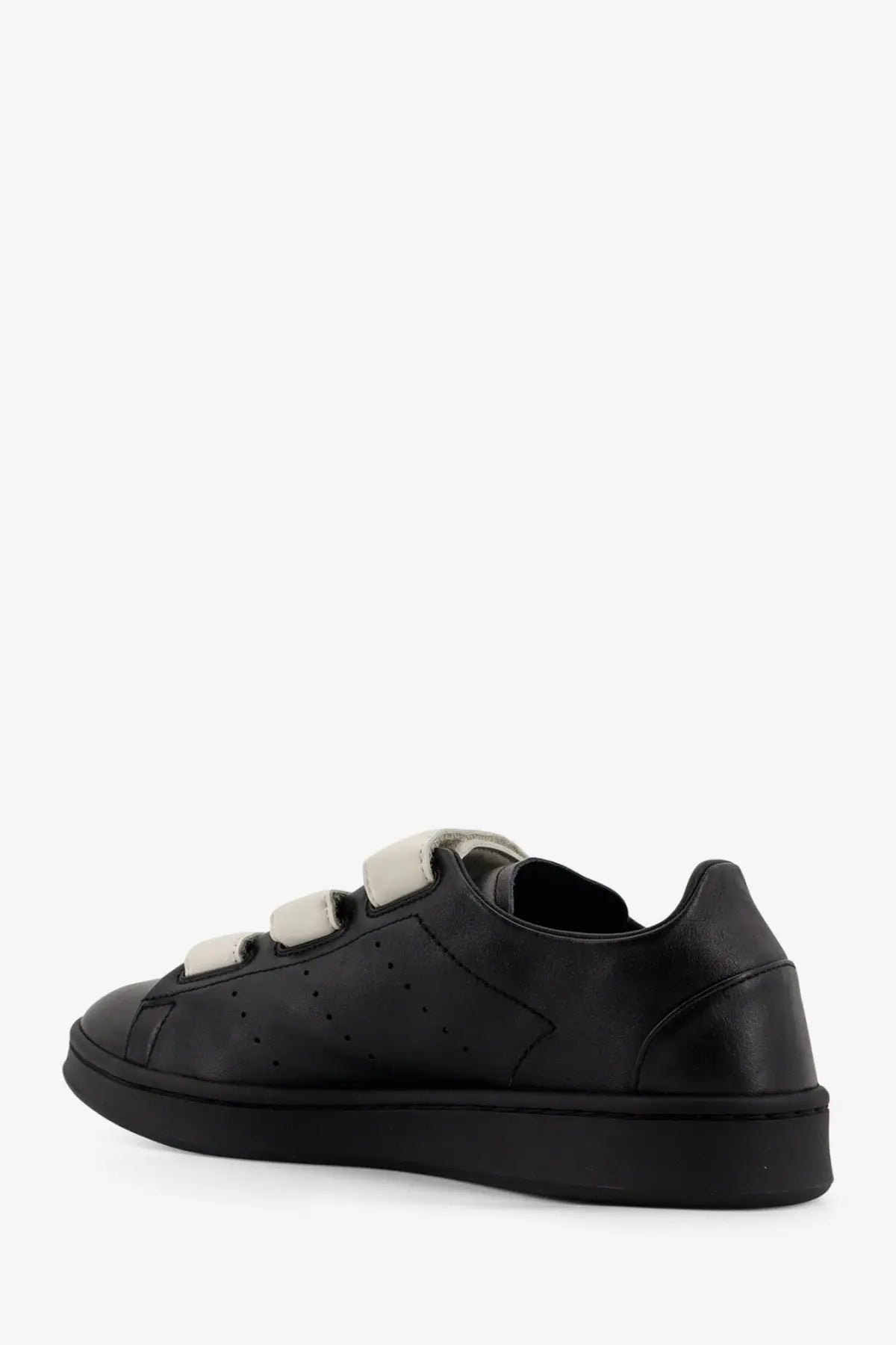 Black leather y-3 men’s stan smith sneaker with three white velcro straps and perforated detailing in grey